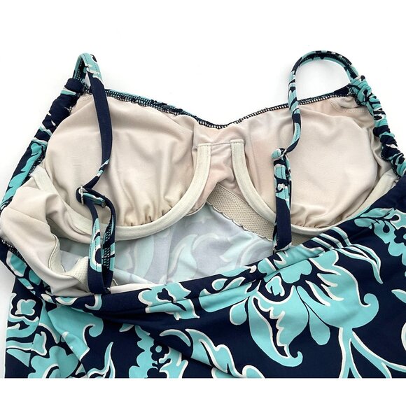 Land's End Underwire Cinch Tie Front Adjustable Strap Blue Floral Tankini 6 - Picture 6 of 7